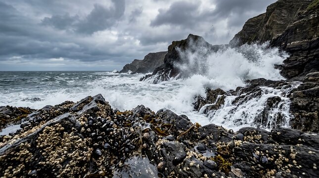 Ocean waves splashing on rocky shoreline with mussels and seaweed