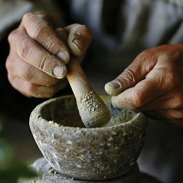 Mortar and Pestle Gray Stone Grinding Spices Macro for blog post