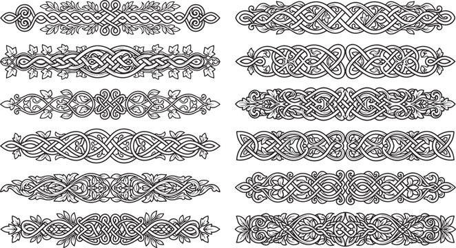 A set of ten horizontal decorative dividers featuring intricate celtic knotwork, interwoven lines, and organic leaf patterns in black and white