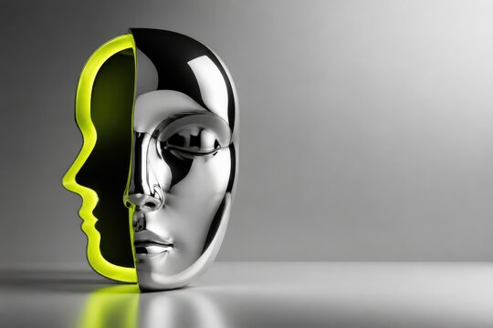AI identity concept with split chrome human face render