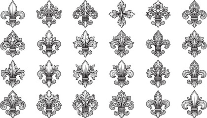Obraz premium Collection of twenty four ornate fleur de lis symbols featuring intricate baroque filigree scrollwork in black and white style
