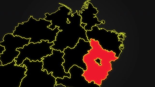 Animated glowing map of Brandenburg, Germany, with a highlighted outline on a dark gray gradient background, ideal for geography, travel, news, and infographic projects.
