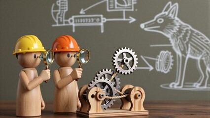 Naklejka premium Two wooden engineers inspect a gear mechanism, with fox and machinery sketches in the background.