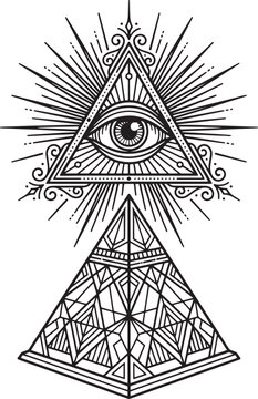 Detailed all seeing eye of providence inside an ornate triangle above a geometric pyramid line on a white background