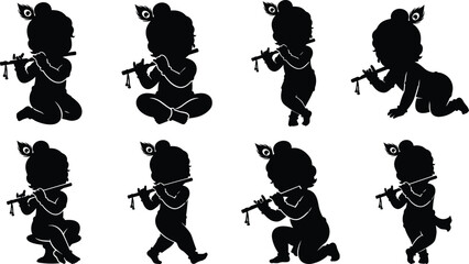Flute Playing Child Silhouette Icons Depicting Musical, Cultural and Expressive Poses © Monteza