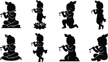 Flute Playing Child Silhouette Icons Depicting Musical, Cultural and Traditional Dance Poses © Monteza