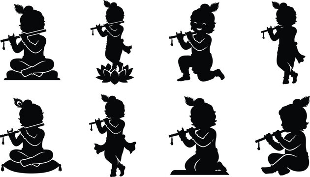 Flute Playing Child Silhouette Icons Depicting Musical, Cultural and Traditional Dance Poses