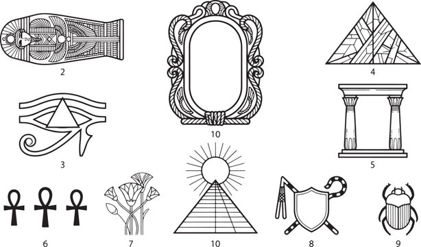 Numbered set of ancient egyptian cultural including sarcophagus, eye of horus, pyramids, columns, ankh crosses, and scarab beetle symbols