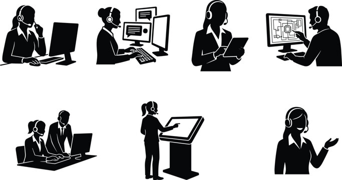Technology and Communication Silhouette Icons Depicting Remote Work, Team Collaboration and Digital Support