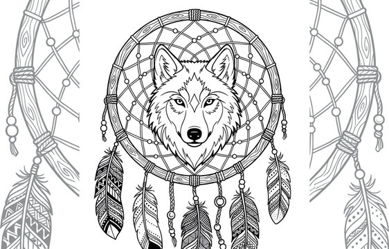 Detailed native dreamcatcher vector illustration featuring a powerful wolf head portrait in the center web decorated with hanging feathers and spiritual beads.
