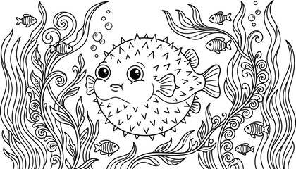 Cute puffer fish vector illustration swimming underwater surrounded by wavy seaweed plants bubbles and small fishes in a detailed doodle style. © MstBizly