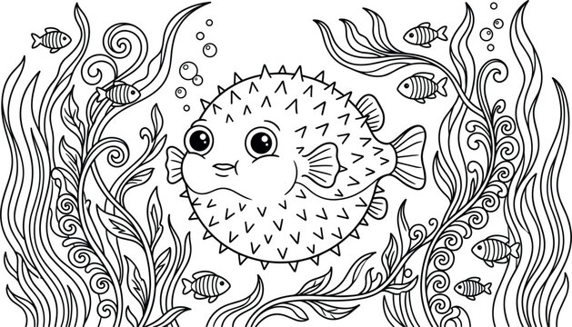 Cute puffer fish vector illustration swimming underwater surrounded by wavy seaweed plants bubbles and small fishes in a detailed doodle style.