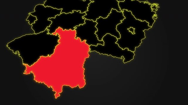 Animated glowing map of Bayern (Bavaria), Germany, with a highlighted outline on a dark gray gradient background, ideal for geography, travel, news, and infographic projects.