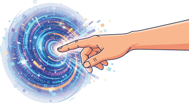 Human hand touching futuristic digital portal with glowing concentric circles, binary code, and abstract sci-fi interface elements in vibrant vector illustration style