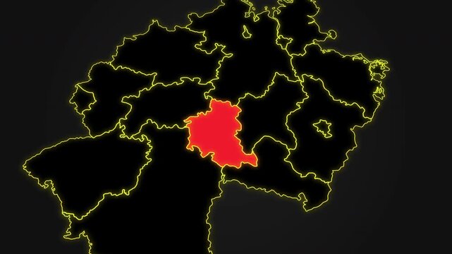 Animated glowing map of Thuringia, Germany, with a highlighted outline on a dark gray gradient background, ideal for geography, travel, news, and infographic projects.