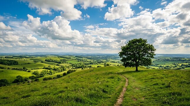 Green rolling hills landscape with single tree and path under blue sky with clouds