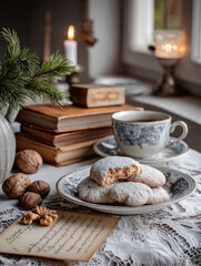 Fototapeta premium Vintage cookie powdered sugar cup saucer book candle walnut lace cozy winter