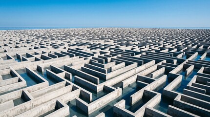 Naklejka premium flooded maze of geometric concrete walls rising above clear water