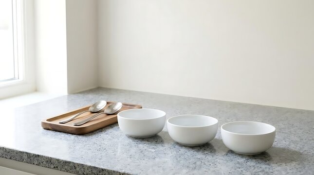 A modern kitchen dip station setup featuring a minimalist wooden tray with two silver spoons and three empty white ceramic bowls on a granite countertop.