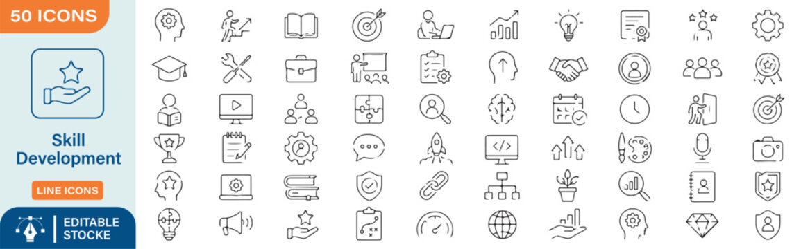 50 Skill Development Vector Outline Icons Set &ndash; Professional Growth, Learning, Career Training and Personal Development Line Symbols Collection