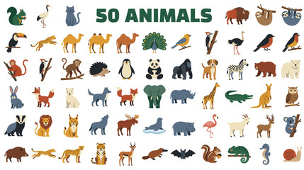 Fototapeta premium Fifty animals set, various wild and domestic animals flat vector collection.