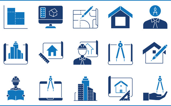 A set of icons related to Architecture. Engineering, architect, design, blueprint, computer, interior, and so on.
