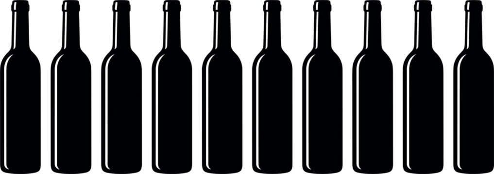 Black wine bottle silhouettes line vector illustration isolated on white background row of blank glass bottles icons for winery menu bar graphic design