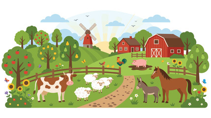 Fototapeta premium Farm animals and buildings in a scenic countryside landscape.