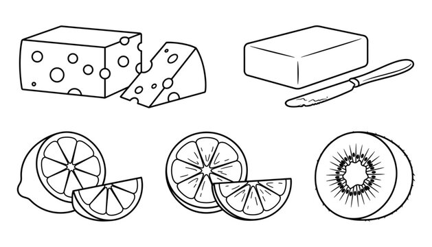 A collection of various food items including cheese, butter, lemon, orange, and kiwi illustration.