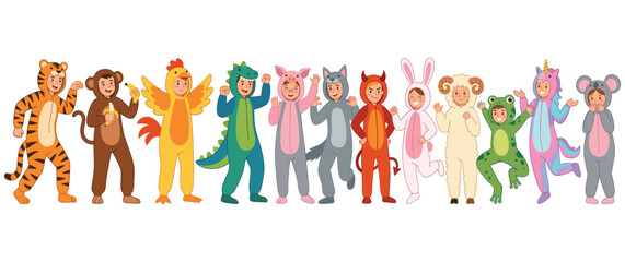 Children in animal costumes celebrating isolated on white background.