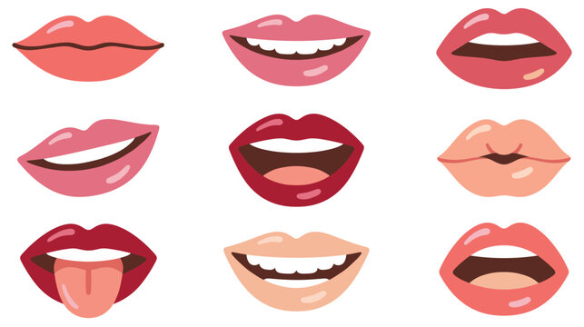 Female lips set different facial expressions and gestures flat vector.