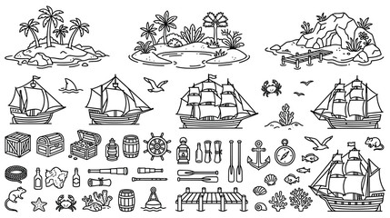 Pirate adventure icons with sailing ships islands and nautical tools. © SHUVO