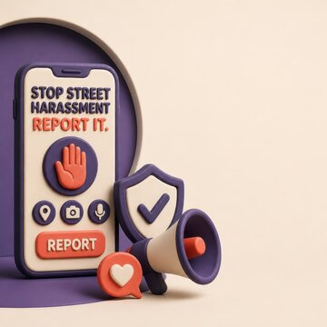 Street harassment reporting concept with smartphone shield and megaphone 3D render