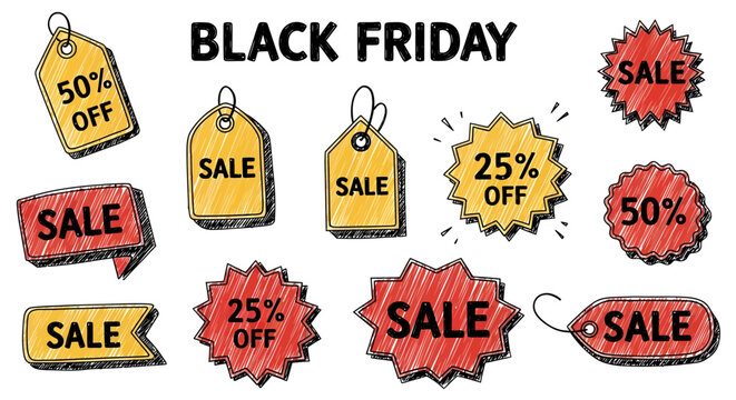 Hand drawn discount tags and price stickers for seasonal shopping promotions
