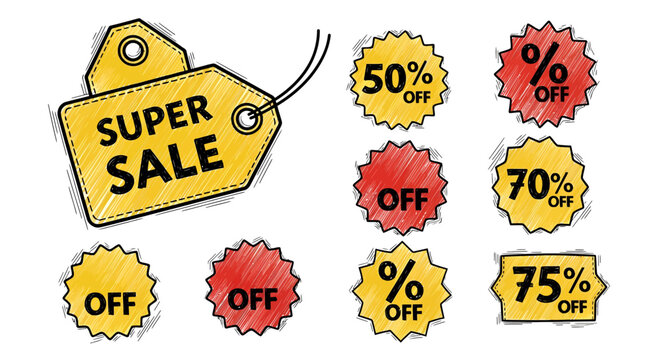 Yellow and red super sale tag stickers with discount percentage offers
