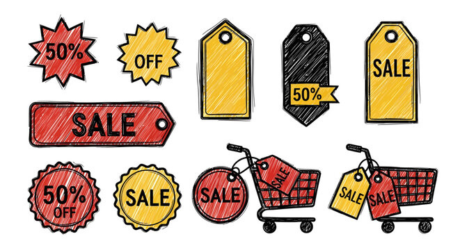 Sale Tags and Shopping Cart Icons, Discount Offers, Graphics
