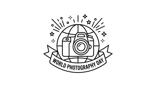World Photography Day Line Art Emblem with Globe and Camera
