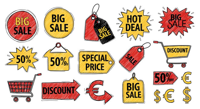 Hand Drawn Sale Labels and Discount Tags for Retail Shopping