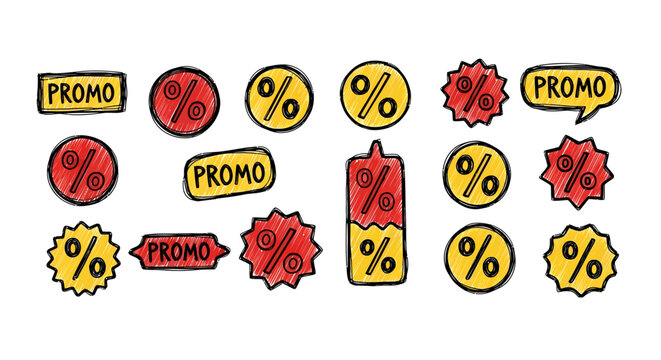 Hand drawn promo stickers and discount percent doodle badge icons