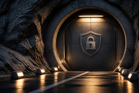 Secure vault door in a futuristic tunnel with glowing lights and stone walls