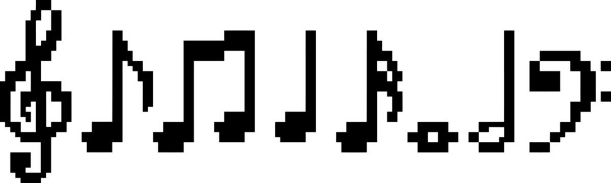 Black musical notes and clef symbols, pixelated 8-bit digital music icons, retro video game sound elements on white background