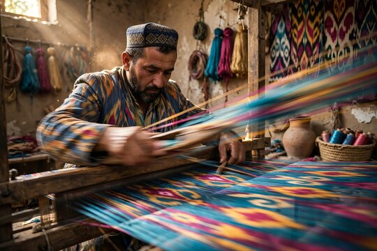 Traditional artisan wearing a skullcap weaving vibrant ikat fabric on a wooden handloom in a sunlit workshop with colorful threads