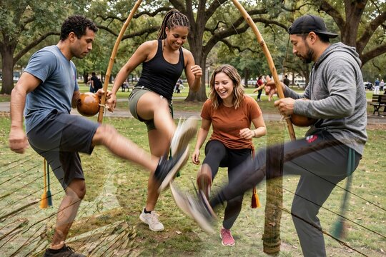 Diverse group of people practicing capoeira martial arts in a park with berimbau instruments and a dynamic motion double exposure overlay effect