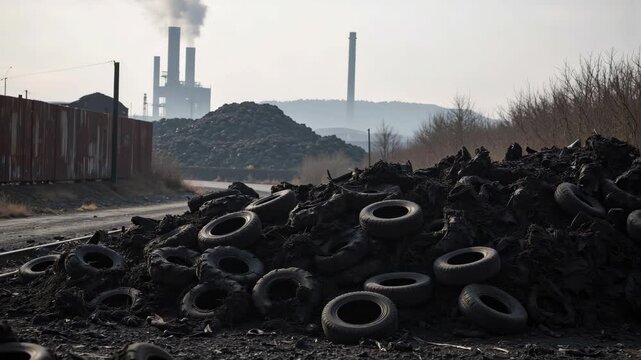 Dilapidated tires stacked up in a lot near a factory