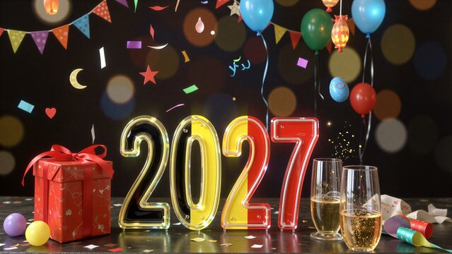 Celebration for 2027 with balloons, confetti, champagne and a gift box.