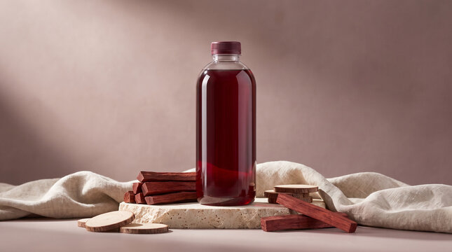 Traditional herbal cinnamon drink in a glass bottle