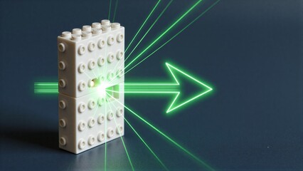 Fototapeta premium White LEGO brick emits green laser beams, forming glowing arrow direction.