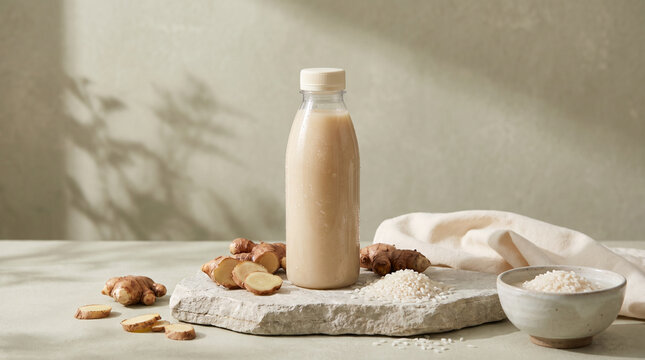 Traditional Indonesian beras kencur herbal drink in a bottle