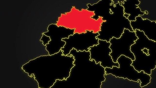 Animated glowing map of North Rhine-Westphalia, Germany, with a highlighted outline on a dark gray gradient background, ideal for geography, travel, news, and infographic projects.