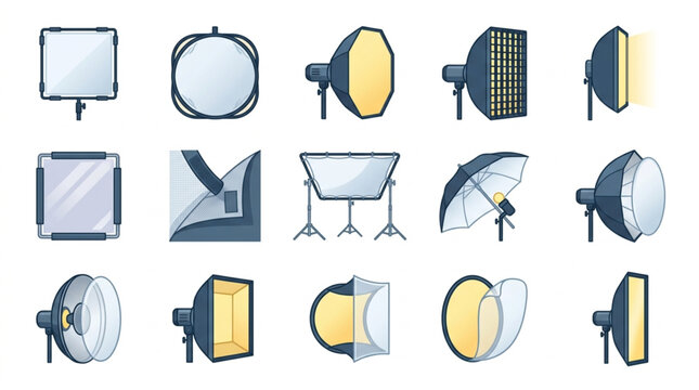 Collection of professional photography lighting equipment icons.